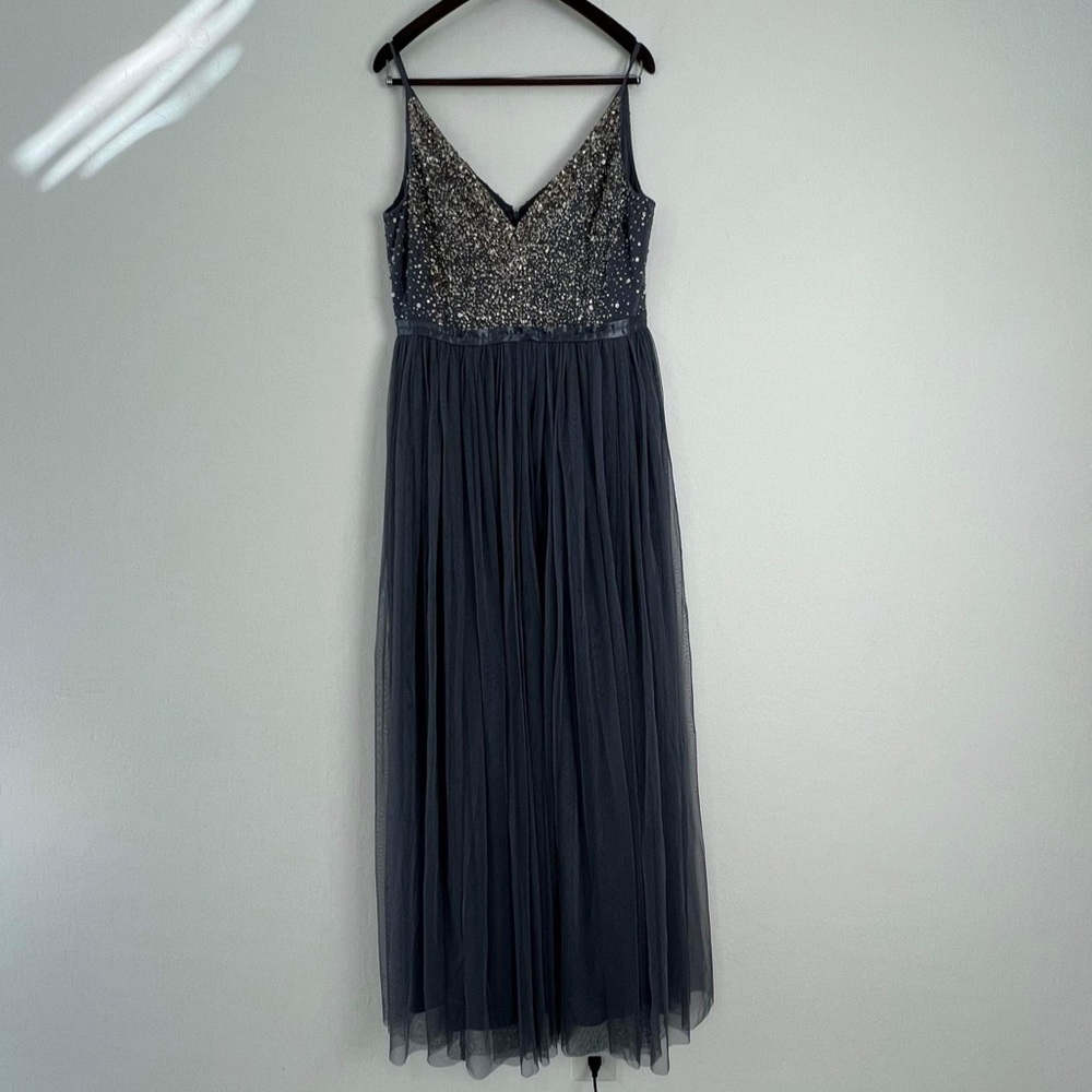 BHLDN Navy and Silver Embellished Gown